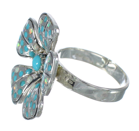Turquoise And Opal Sterling Silver Flower Southwest Ring Size 8-3/4 WX70662